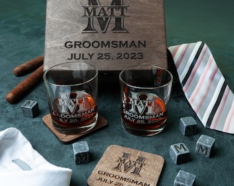 Groomsmen Gifts, Personalized Whiskey Glasses in Wooden Box, Groomsmen Proposal Box, Groomsman Gift Box, Best Man Gift