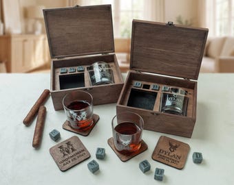 Personalized Whiskey Glass and Stones Set in Custom Engraved Wooden Box