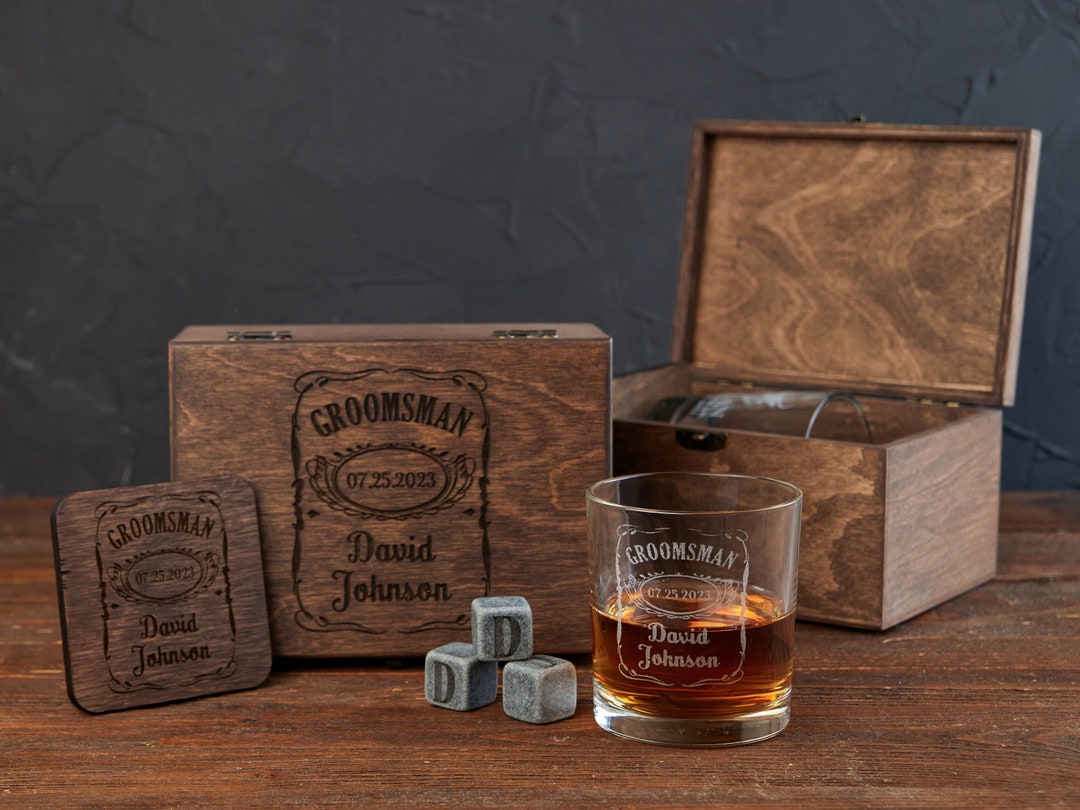 Personalized Whiskey Glasses and Whiskey Stones in Wooden Box, Custom ...