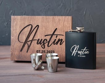 Custom Groomsmen Flask Set with Wood Box, Personalized Matte Black Liquor Flask and Shot Glasses
