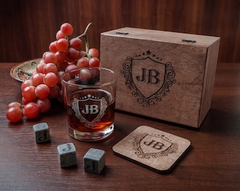 Personalized Groomsman Gift Box Set with Custom Glass and Coasters - Wedding Favor, Bachelor Party Gift