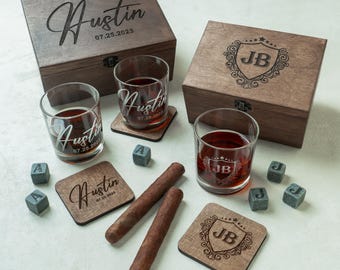 Custom Whiskey Glass Set in Engraved Wooden Box - Groomsmen Whiskey Gift, Engraved Whiskey Glasses with Whiskey Stones