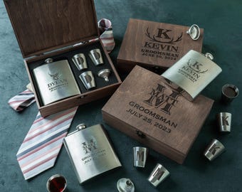 Personalized Groomsmen Flask Set with 3 Shot Glasses, Custom Engraved Wooden Box