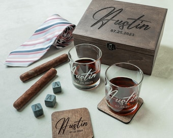 Personalized Script Whiskey Glass Set with Engraved Wooden Box