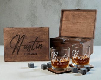 Personalized Groomsmen Whiskey Glass Set with Engraved Wood Box — Custom Best Man Proposal Gift and Wedding Favors