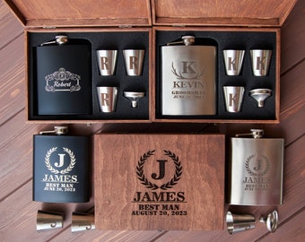 Gepersonaliseerde Groomsmen kolf in houten kist, Groomsmen geschenken, kolf voor Groomsman aangepaste kolf, gegraveerde heupfles, Groomsmen Gift Set