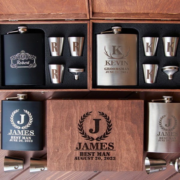 Personalized Groomsmen Flask in Wooden Box, Groomsmen Gifts, Flask for Groomsman Custom Flask, Engraved Hip Flask, Groomsmen Gift Set