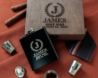 Custom Matte Black Flask and 3 Shot Glasses Set | Engraved Wooden Groomsman Box