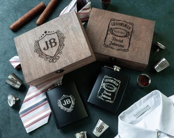 Personalized Matte Black Groomsmen Flask Set, Custom Engraved Wood Box and Shots
