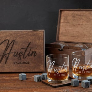 Custom Whiskey Glasses in Wooden Box, Personalized Whiskey Glasses Set, Groomsmen Gifts, Engraved Whiskey Glasses, Whiskey Stones