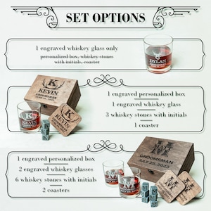 May include: Set options for engraved whiskey glasses, personalized boxes, whiskey stones, and coasters. The image shows various combinations, including one glass, a box, and stones. The text includes names and dates.