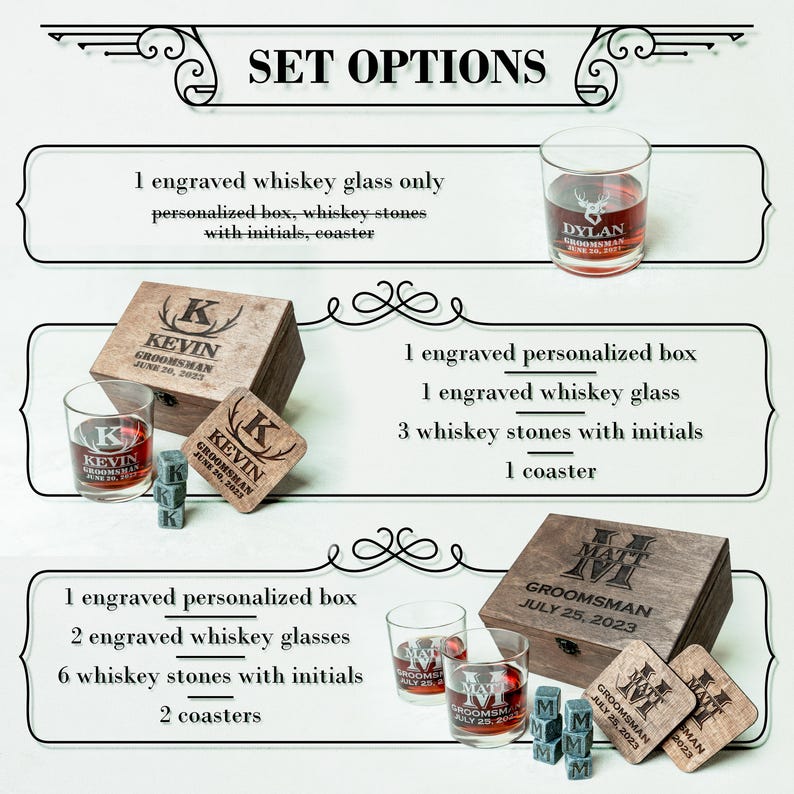 May include: Set options for engraved whiskey glasses, personalized boxes, whiskey stones, and coasters. The image shows various combinations, including one glass, a box, and stones. The text includes names and dates.