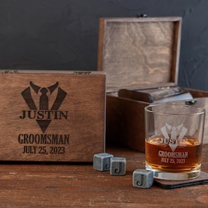 Personalized Whiskey Glasses with Wood Case - Groomsman Proposal Gift Set, Groomsmen Gifts, Best Man Gift