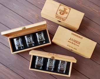 Engraved Shot Glass in Wooden Box, Personalized Shot Glass Gift for Groomsmen Party, Shot Glasses for Wedding Favors