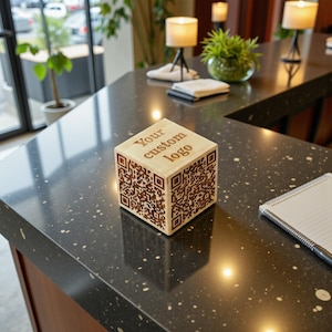 Pode incluir: Um cubo de madeira clara com códigos QR gravados e o texto "Your custom logo". O cubo é exibido em uma bancada escura e salpicada. O cubo é um item promocional.