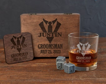 Personalized Whiskey Glasses for Groomsmen, Groomsmen Glasses, Custom Groomsman Gift, Groomsmen Wooden Box, Personalized Groomsmen Gift Box