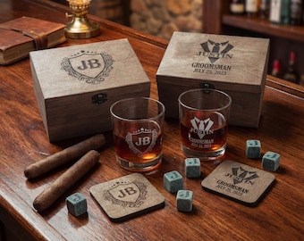 Personalized Groomsmen Whiskey Glass and Coaster Set | Custom Best Man Gift Box