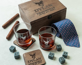Personalized Groomsman Whiskey Glasses and Stones Set | Engraved Wood Box Gift for Men | Custom Wedding Party Keepsake