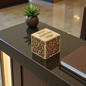 May include: A wooden cube with QR codes on each side and the text "Your custom logo" engraved on top. The cube sits on a dark surface next to a small potted succulent and a brown leather-bound notebook.
