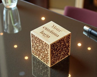 Custom Wooden QR Code Cube for Restaurant Menu, Multi Sided Laser Engraved Table Sign with Business Logo