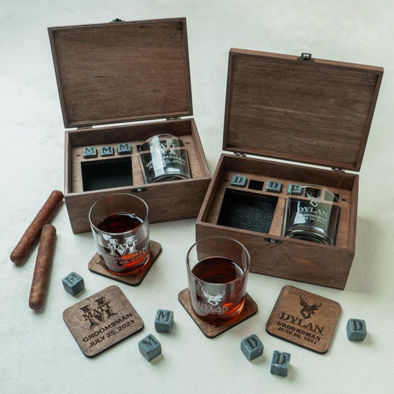 Groomsmen Gifts, Personalized Whiskey Glasses in Wooden Box, Groomsmen Proposal Box, Groomsman Gift Box, Best Man Gift