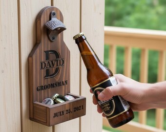 Personalized Wall Mount Wood Bottle Opener, Custom Groomsman Gift