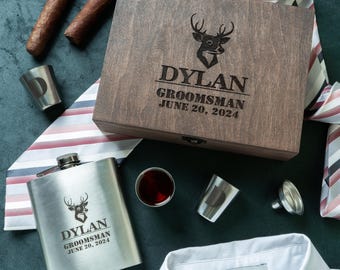 Engraved Stainless Steel Flask Set in Wooden Box, Custom Groomsman Proposal Box