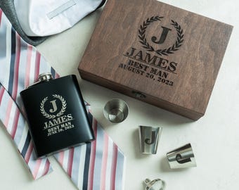Custom Whiskey Flask Set in Wood Box, Personalized Groomsman Proposal Gift
