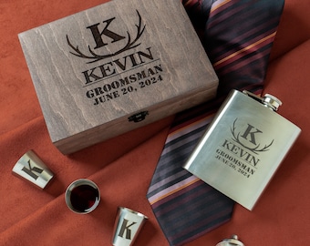 Personalized Groomsmen Flask Gift Set | Custom Engraved Wooden Box for Best Man