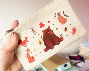 Bilingual / Welsh Forest Animals - Natural  Coloured Canvas Pouch/Pencil Case with Bear, Squirrel, Fox, Rabbit, Mouse - 100% Organic Cotton