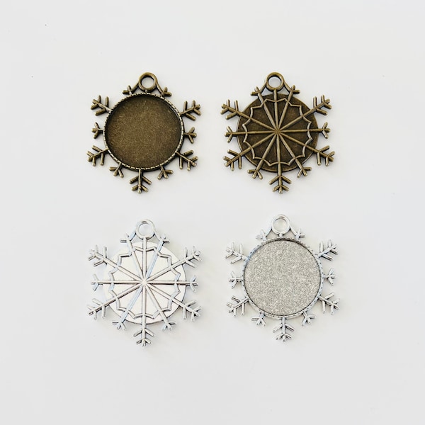 Snowflake bezel, snow flake pendant tray, winter Christmas ornament bezel setting, pendant base 25 mm, 1 inch silver or bronze