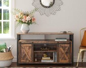 Large Industrial TV Stand Sliding Doors Shelf Media Storage Rustic Sideboard Cabinet Vintage TV Unit Shelving Room Retro Console Table Metal