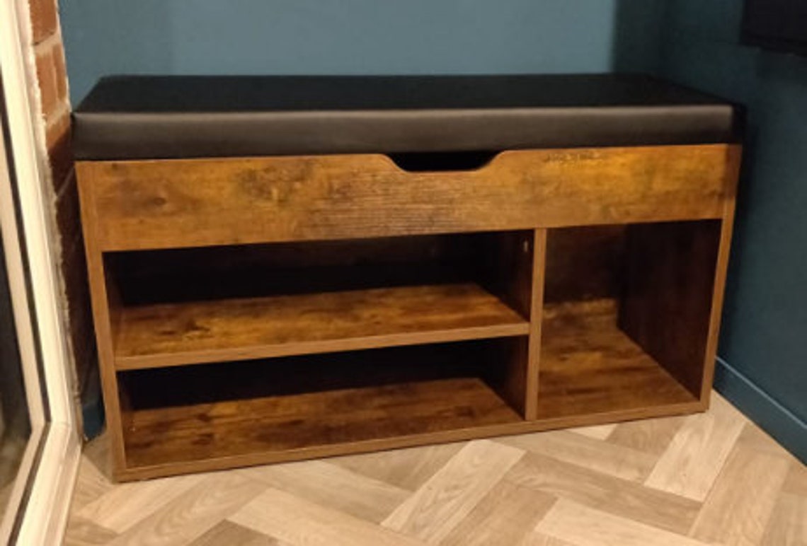 Rustic Shoe Bench with Cushion Padded Seat Hidden Storage Etsy