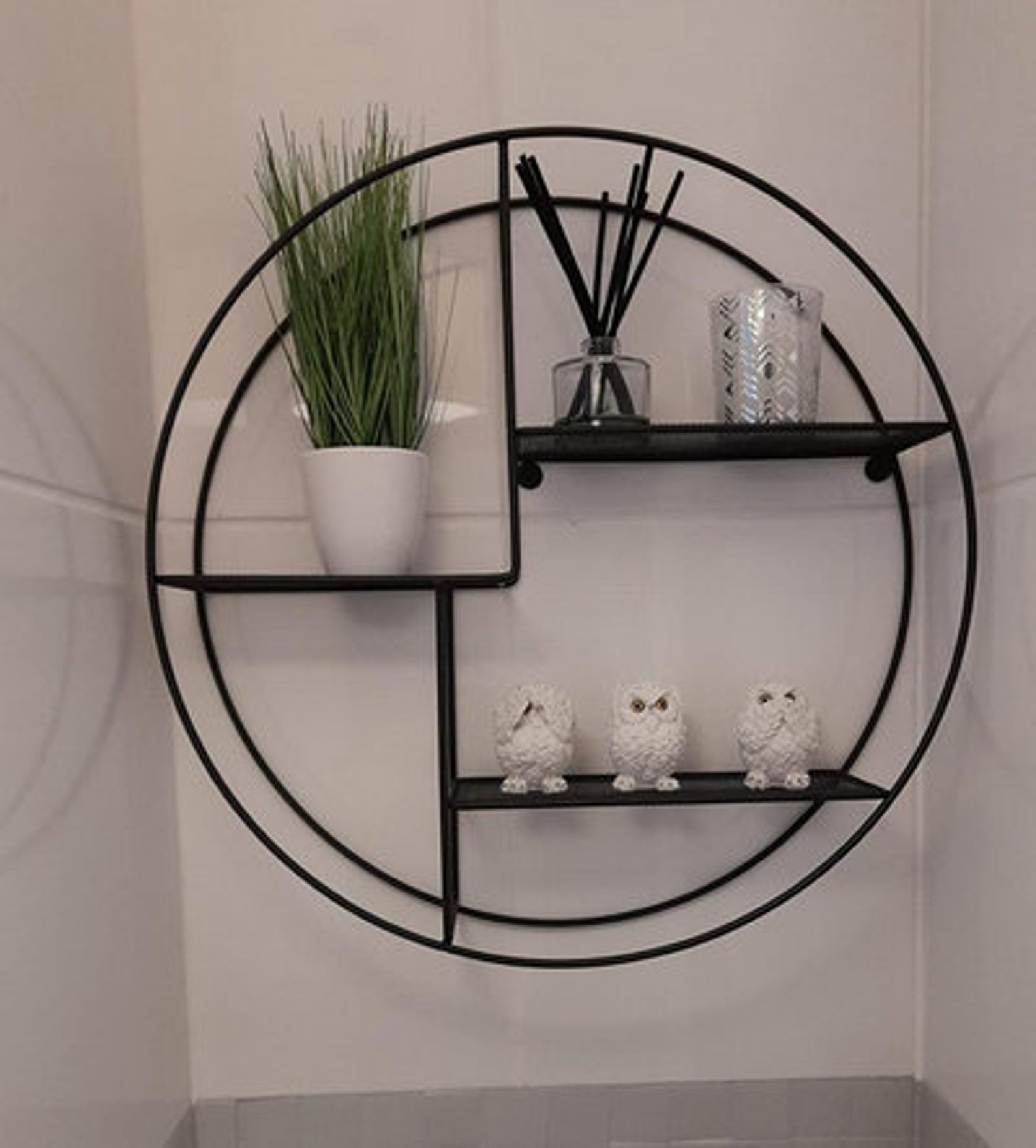 Black Metal Wall Shelf Mesh Shelves Industrial Style Round Etsy