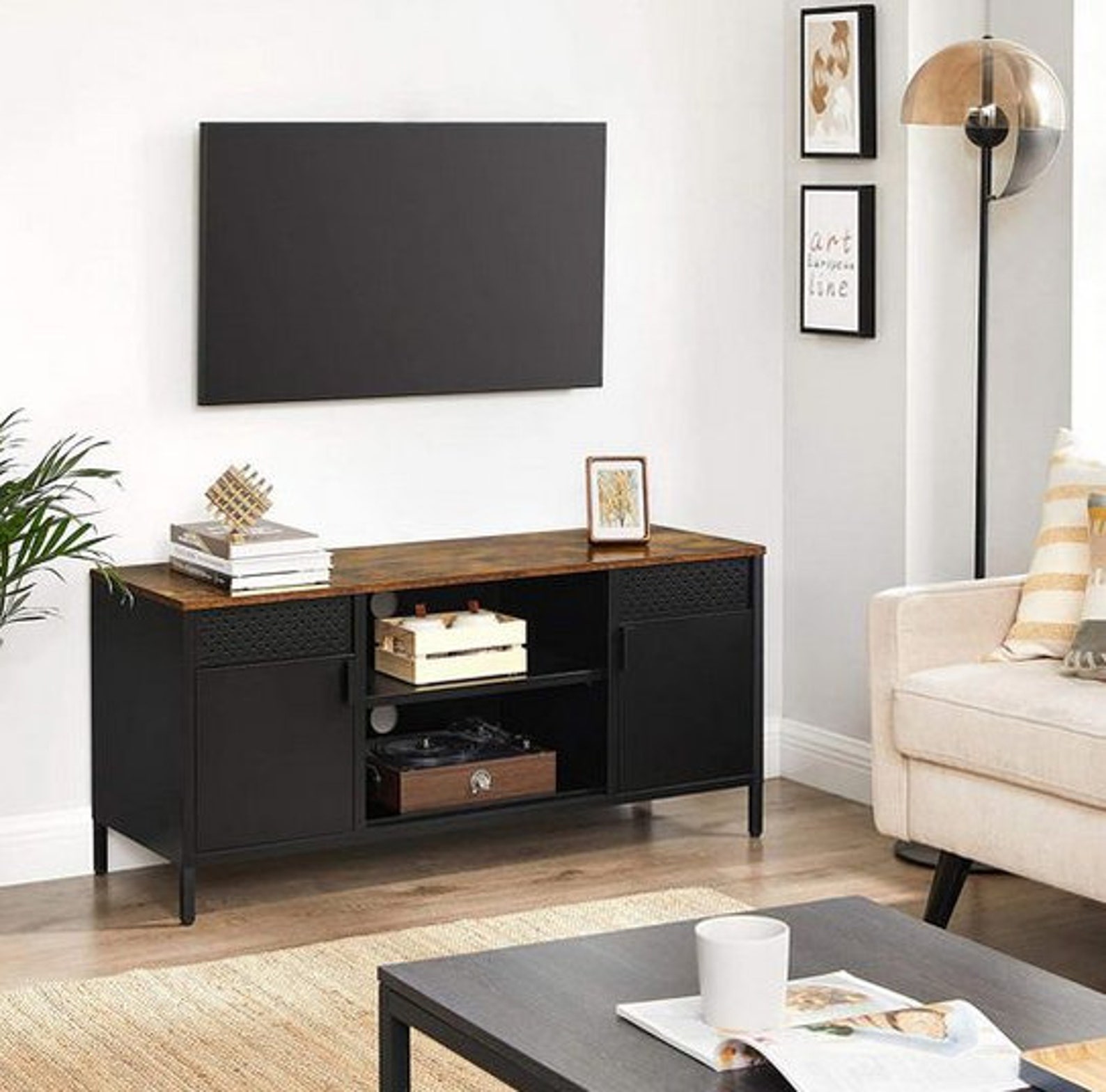 Black Metal TV Stand Media Storage Unit Industrial Style Etsy