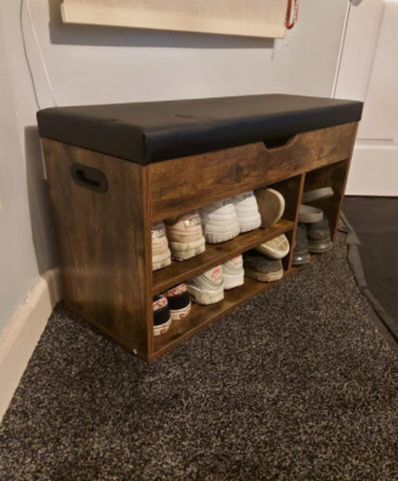 Rustic Shoe Bench with Cushion Padded Seat Hidden Storage Etsy