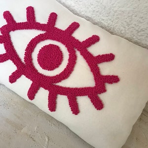 PINK Pillow Cover Decorative Pillow Cover Punch Needle Pillow Handmade Pillow Cover Evil Eye DARK PINK Throw Pillow Cotton Farmshouse Pillow