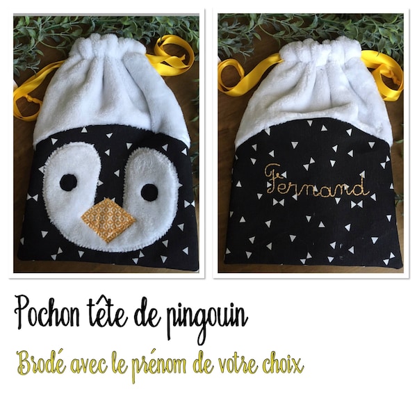 Pochon animal pingouin personnalisé prénom: cadeau naissance bébé enfant