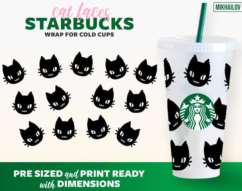 Cat Starbucks Cup svg Cat Faces Full Wrap Black Cats | Etsy
