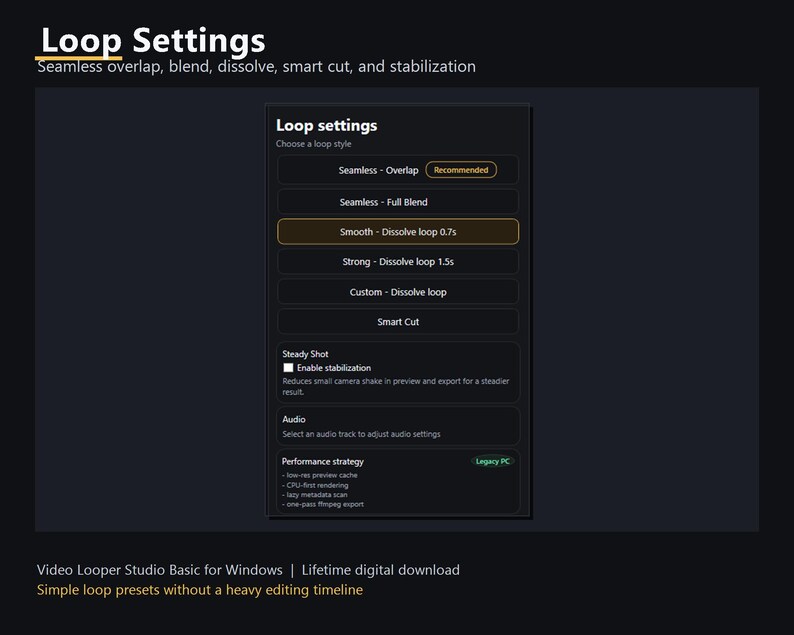 May include: A screenshot of the "Loop Settings" menu from the Video Looper Studio Basic software. The menu displays options for loop styles, including "Seamless - Overlap" and "Smooth - Dissolve loop 0.7s." Additional settings include "Steady Shot" and audio adjustments.