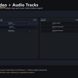 May include: A dark interface showing video and audio tracks. The text "Video + Audio Tracks" and "Organise multiple clips and music tracks before export" are at the top. The interface displays video clips and audio tracks with ordering options.