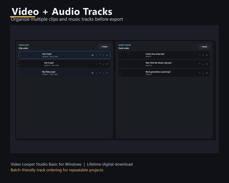 May include: A dark interface showing video and audio tracks. The text "Video + Audio Tracks" and "Organise multiple clips and music tracks before export" are at the top. The interface displays video clips and audio tracks with ordering options.