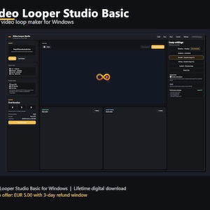 Könnte beinhalten: Dunkles Software-Interface für "Video Looper Studio Basic" für Windows. Die Oberfläche verfügt über einen zentralen Videovorschau-Bereich, Schleifeneinstellungen und verschiedene Bedienfelder. Das Logo ist ein orangefarbenes Unendlichkeitszeichen.