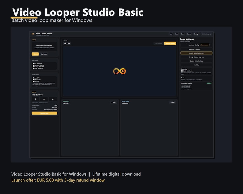 May include: A dark-themed software interface for "Video Looper Studio Basic" for Windows. The interface includes a central video preview area, loop settings, and control panels. The software's logo is an orange infinity symbol.