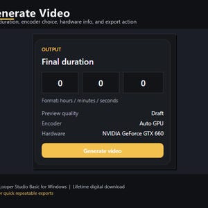 May include: A dark interface displays video generation settings. The text "Generate Video" is at the top. The interface shows "Final duration" with fields for hours, minutes, and seconds. It also displays "Preview quality", "Encoder", and "Hardware". A yellow button reads "Generate video".