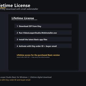 May include: An advertisement for a digital product, featuring the text "Lifetime License" and instructions for downloading and activating software. The image details the installation and activation steps, with a launch offer for the Basic version.