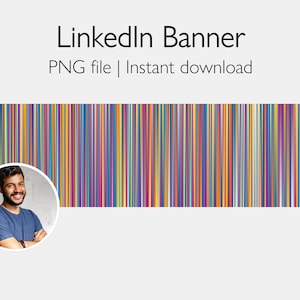 Op de afbeelding: Een kleurrijk abstract LinkedIn-banner met verticale strepen in verschillende tinten blauw, groen, geel, oranje, rood en paars. In de linkerbenedenhoek bevindt zich een cirkelvormige kopfoto van een man met een baard en een blauw shirt.