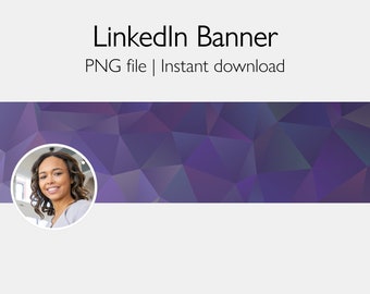 May include: Purple geometric background with a white circle containing a photo of a woman smiling. The text "LinkedIn Banner" is above the image and the text "PNG file | Instant download" is below the image.
