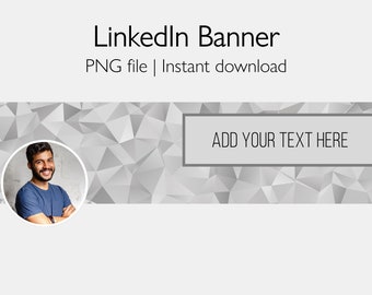 Puede incluir: Una plantilla de banner de LinkedIn con un fondo geométrico gris. El banner presenta un espacio reservado para una foto de perfil y un cuadro de texto que dice "ADD YOUR TEXT HERE".