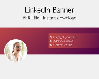 May include: A red and purple gradient banner with a white circle in the center. The circle contains a photo of a woman smiling and wearing glasses. The banner has white text that says "Highlight your skills", "Add your name", and "Contact details".